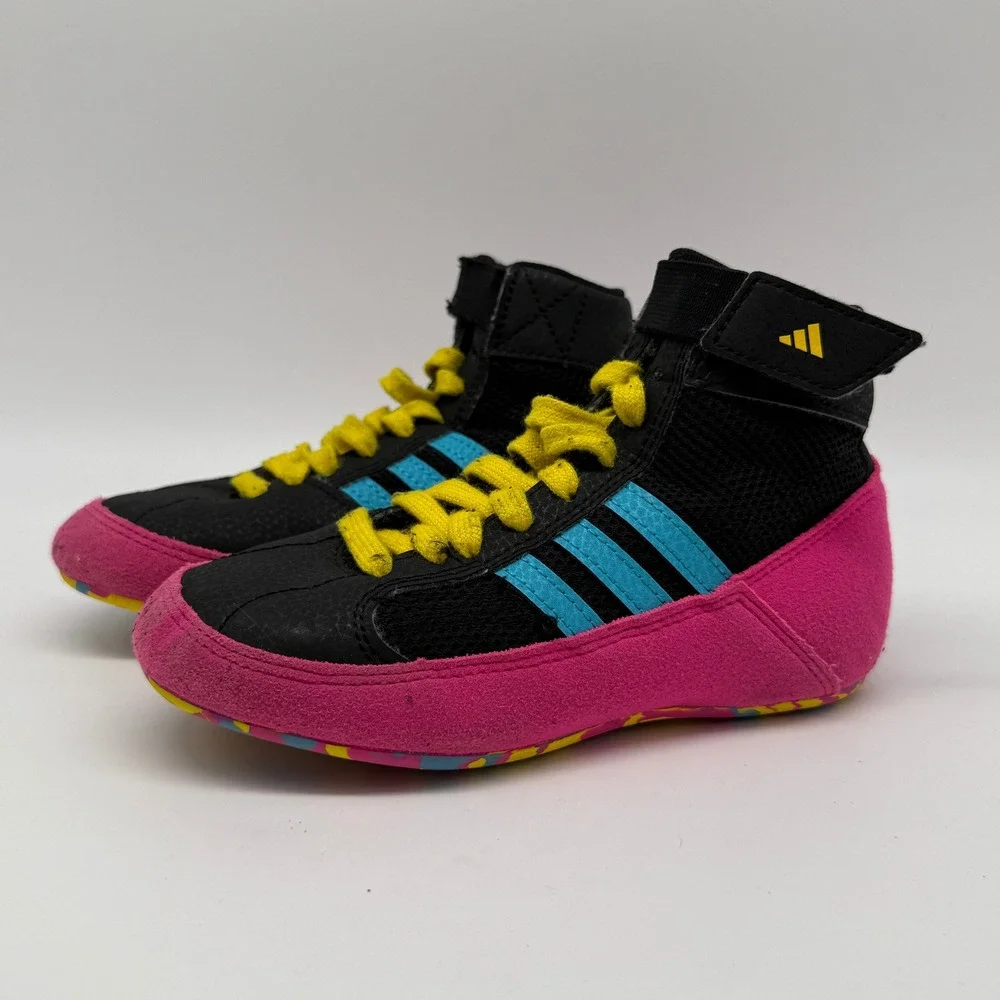 Adidas HVC Wrestling Shoes Kids 11K Black Pink Blue JQ4995 High Top Sneaker